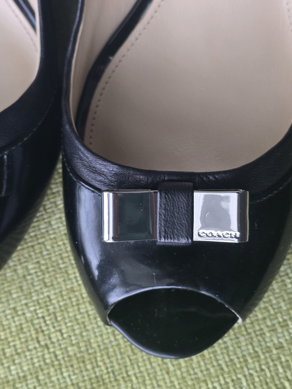 Coach Black Patent Leather Peep-Toe Wedge Pumps with Bow Accent - Picture 9 of 13